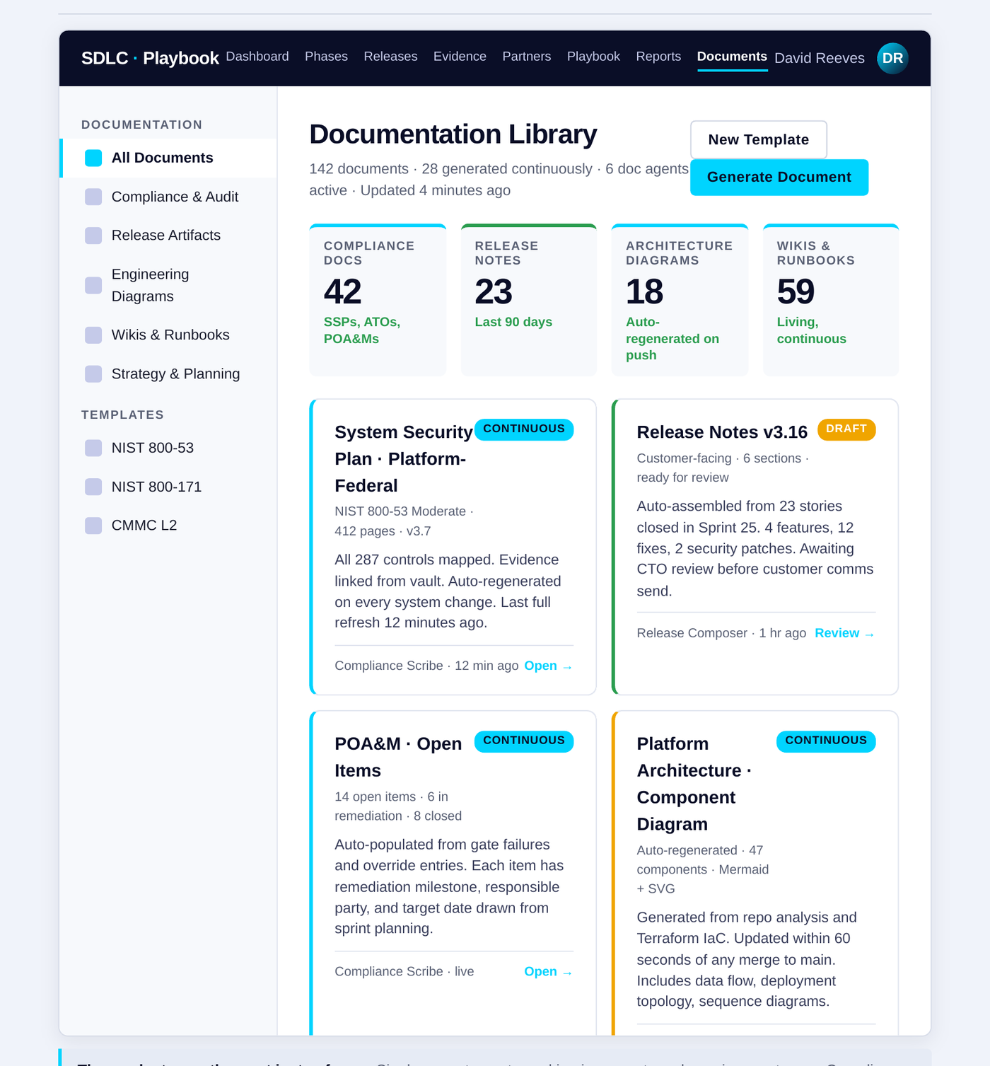 AI agents SDLC documentation library with continuously generated release notes, rollback plans, architecture diagrams, and compliance evidence