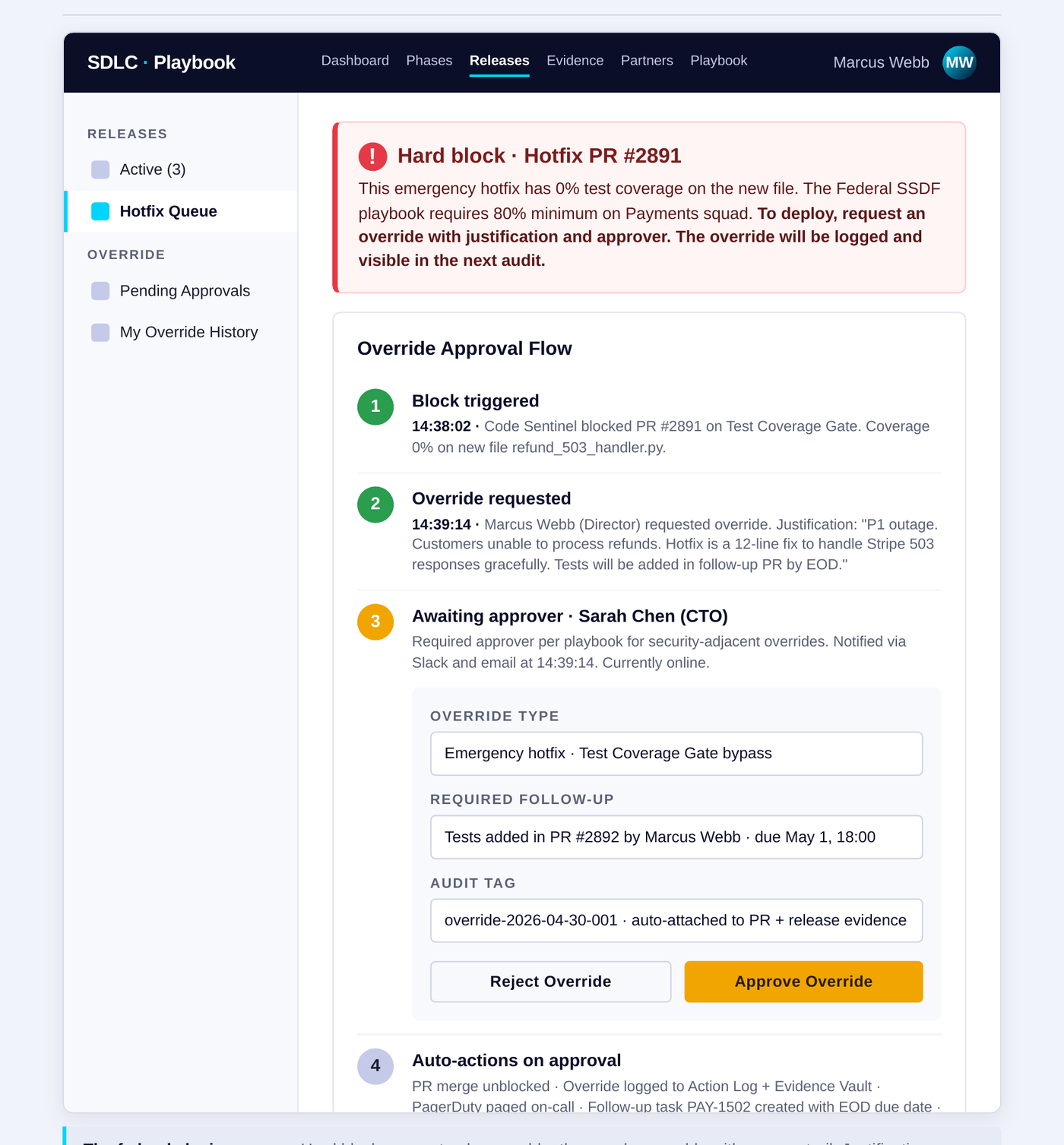 AI agents SDLC override approval flow showing justification, approver routing, and full audit trail