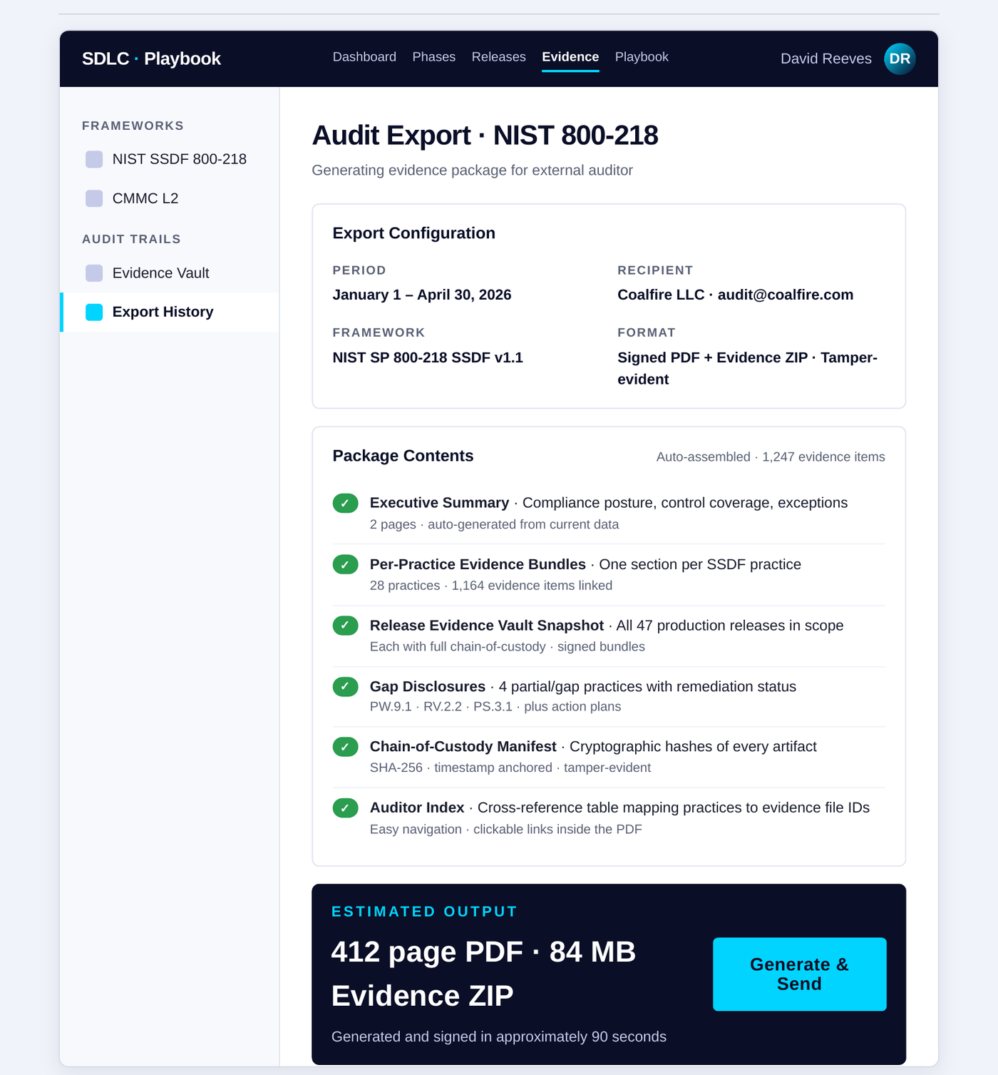 AI agents SDLC one-click audit package export generating a 412-page signed PDF in 90 seconds