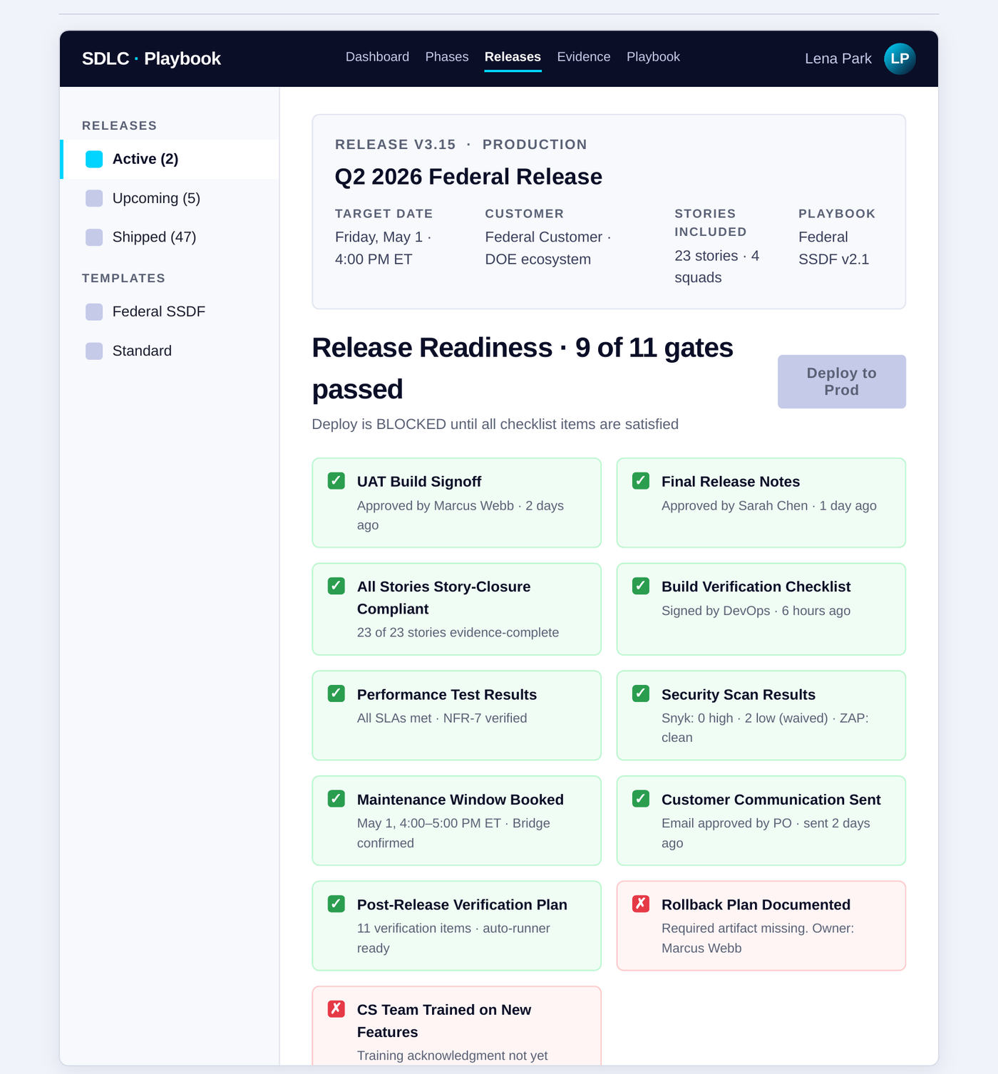 AI agents SDLC Release Gatekeeper screen with 9 of 11 deploy gates passed and Deploy button disabled
