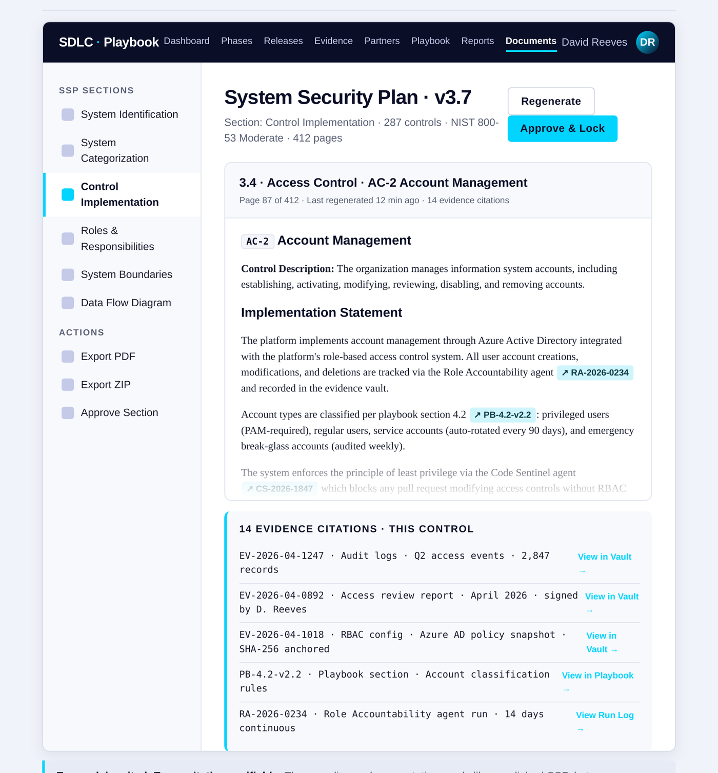 AI agents SDLC System Security Plan with inline evidence citations linking to the audit vault